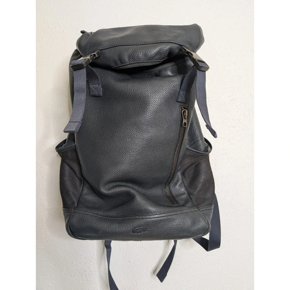 Rare‎ Lacoste Large Black Leather Backpack Orange Interior Pockets Mesh Buckle